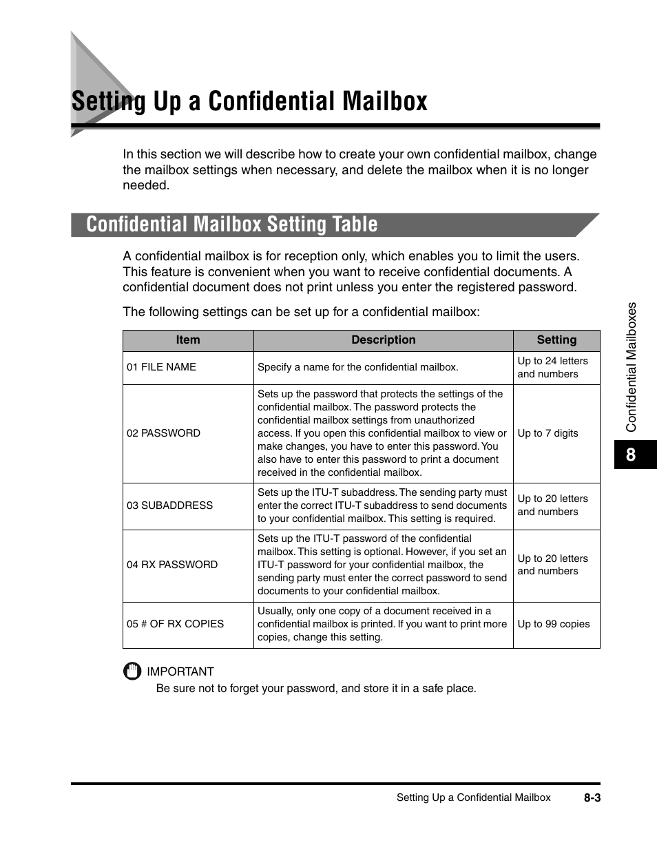 Setting up a confidential mailbox, Confidential mailbox setting table, Setting up a confidential mailbox -3 | Confidential mailbox setting table -3 | Canon IMAGERUNNER 2010F User Manual | Page 234 / 382
