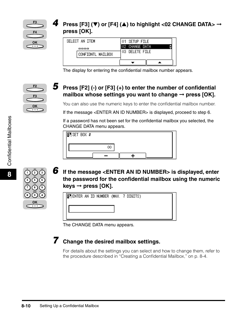 Change the desired mailbox settings, Confidential mailbo x e s | Canon IMAGERUNNER 2010F User Manual | Page 241 / 382