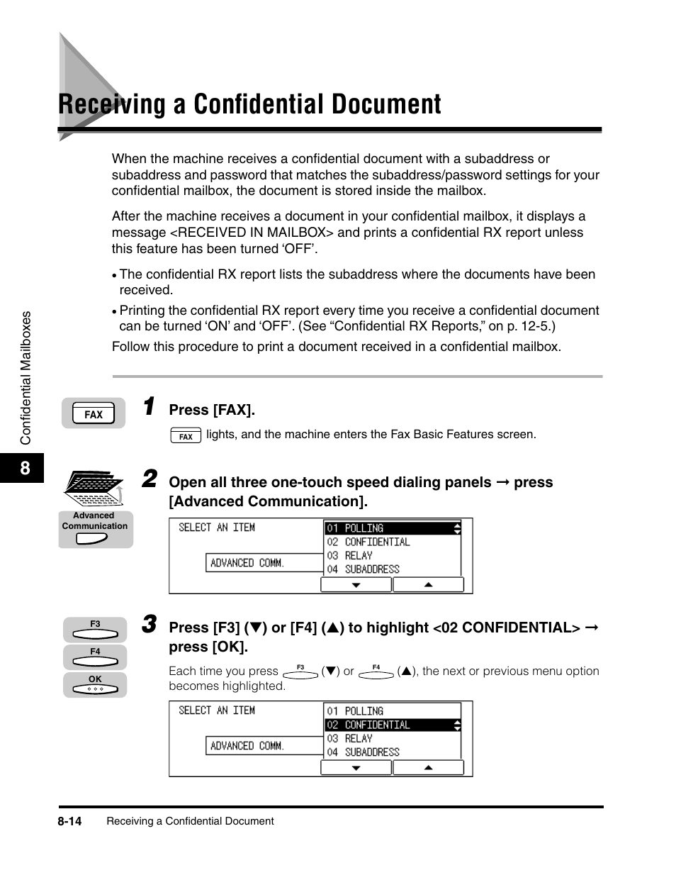 Receiving a confidential document, Receiving a confidential document -14, Document,” on p. 8-14 | Canon IMAGERUNNER 2010F User Manual | Page 245 / 382