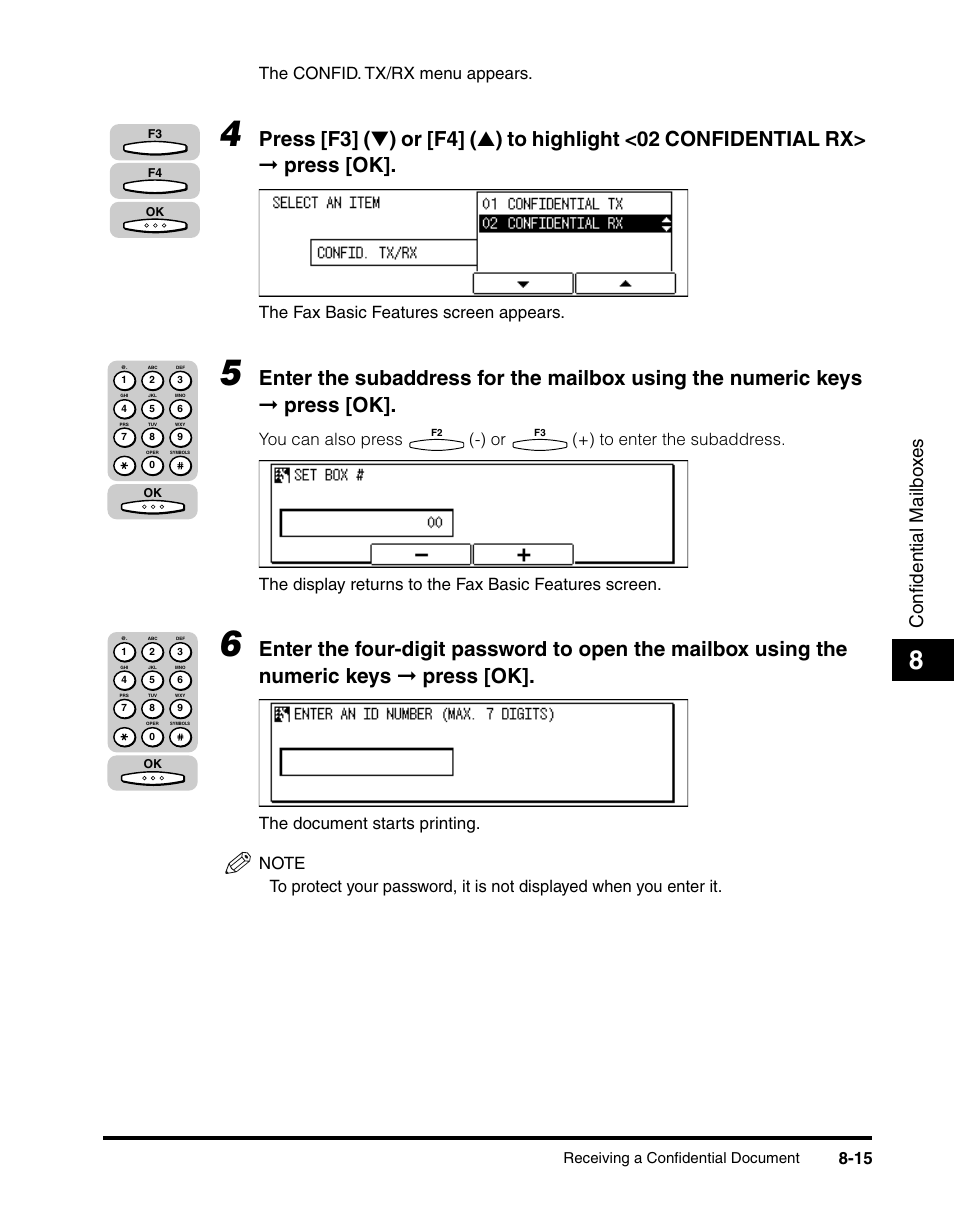 Confidential mailbo x e s, The confid. tx/rx menu appears, The fax basic features screen appears | Canon IMAGERUNNER 2010F User Manual | Page 246 / 382