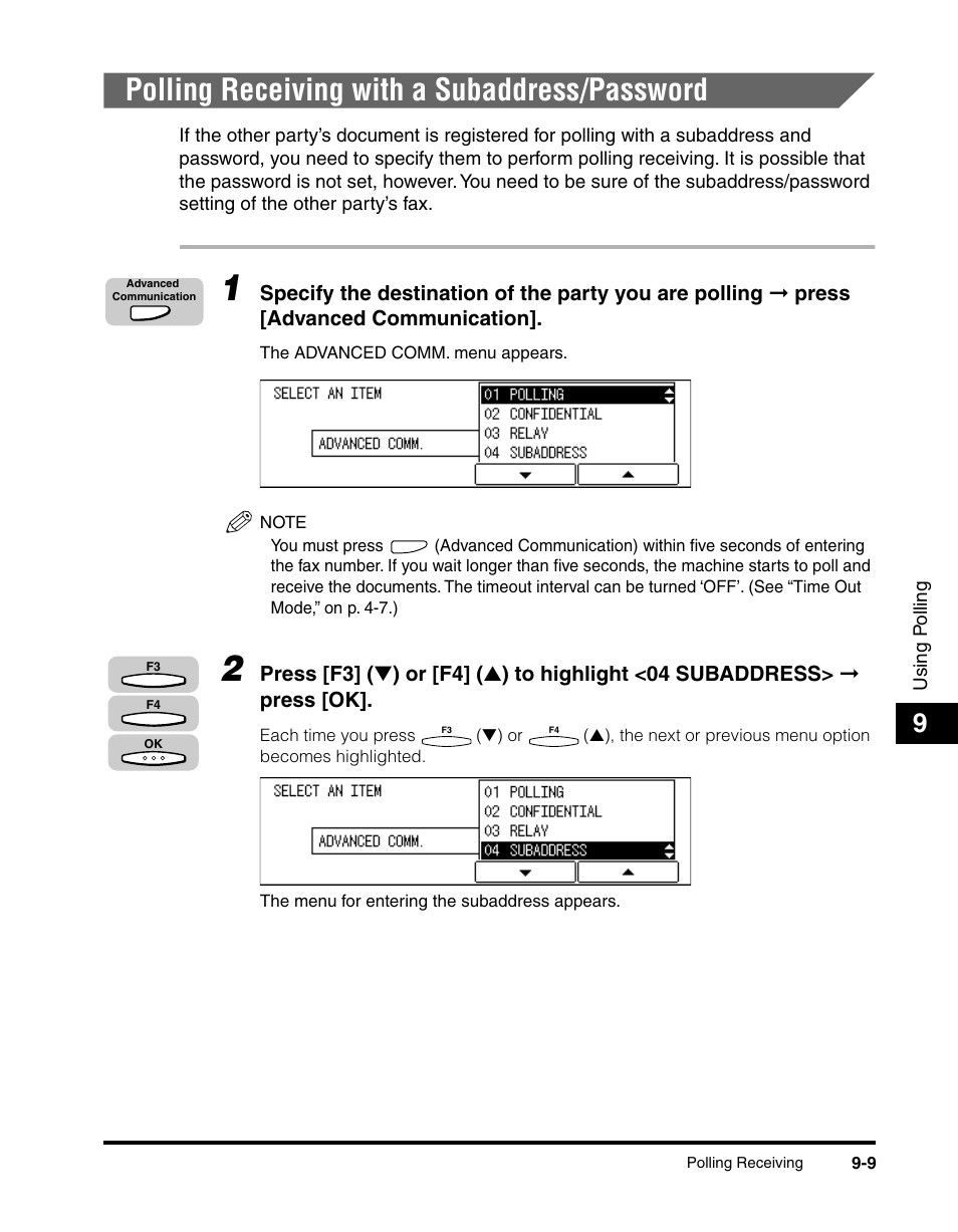 Polling receiving with a subaddress/password, Polling receiving with a subaddress/password -9 | Canon IMAGERUNNER 2010F User Manual | Page 260 / 382