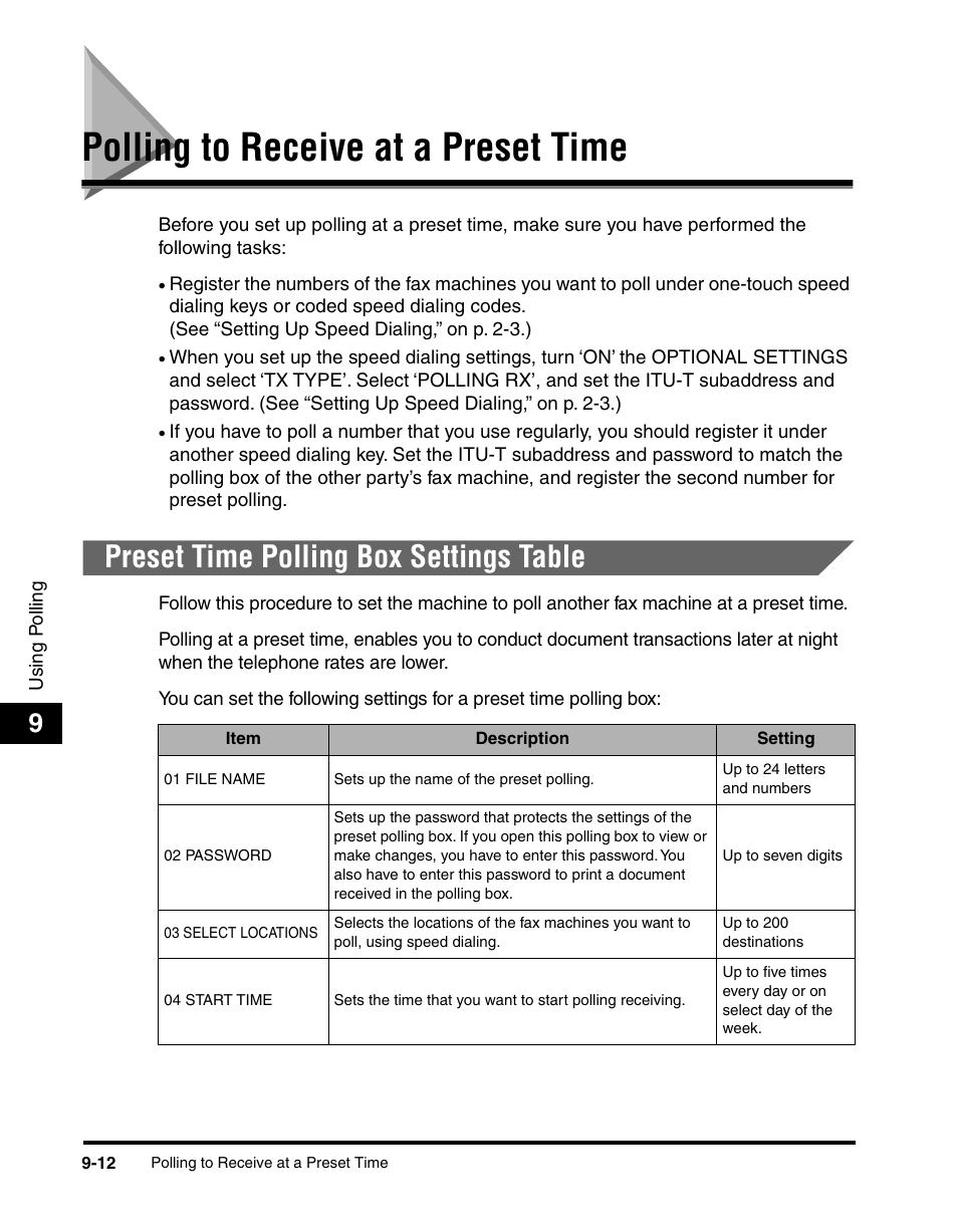 Polling to receive at a preset time, Preset time polling box settings table, Polling to receive at a preset time -12 | Preset time polling box settings table -12 | Canon IMAGERUNNER 2010F User Manual | Page 263 / 382