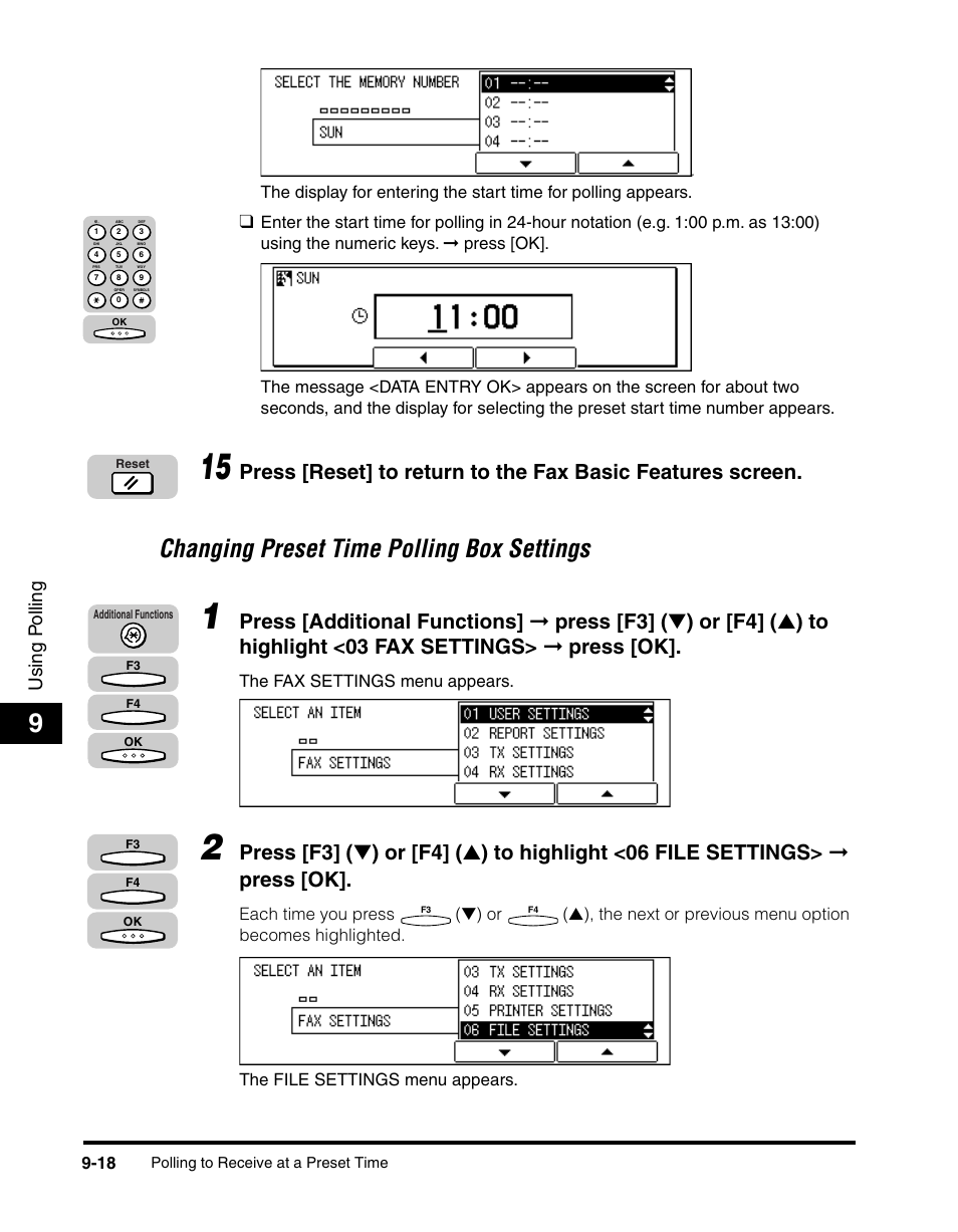 Changing preset time polling box settings -18, Changing preset time polling box settings, Using p olling | The fax settings menu appears | Canon IMAGERUNNER 2010F User Manual | Page 269 / 382