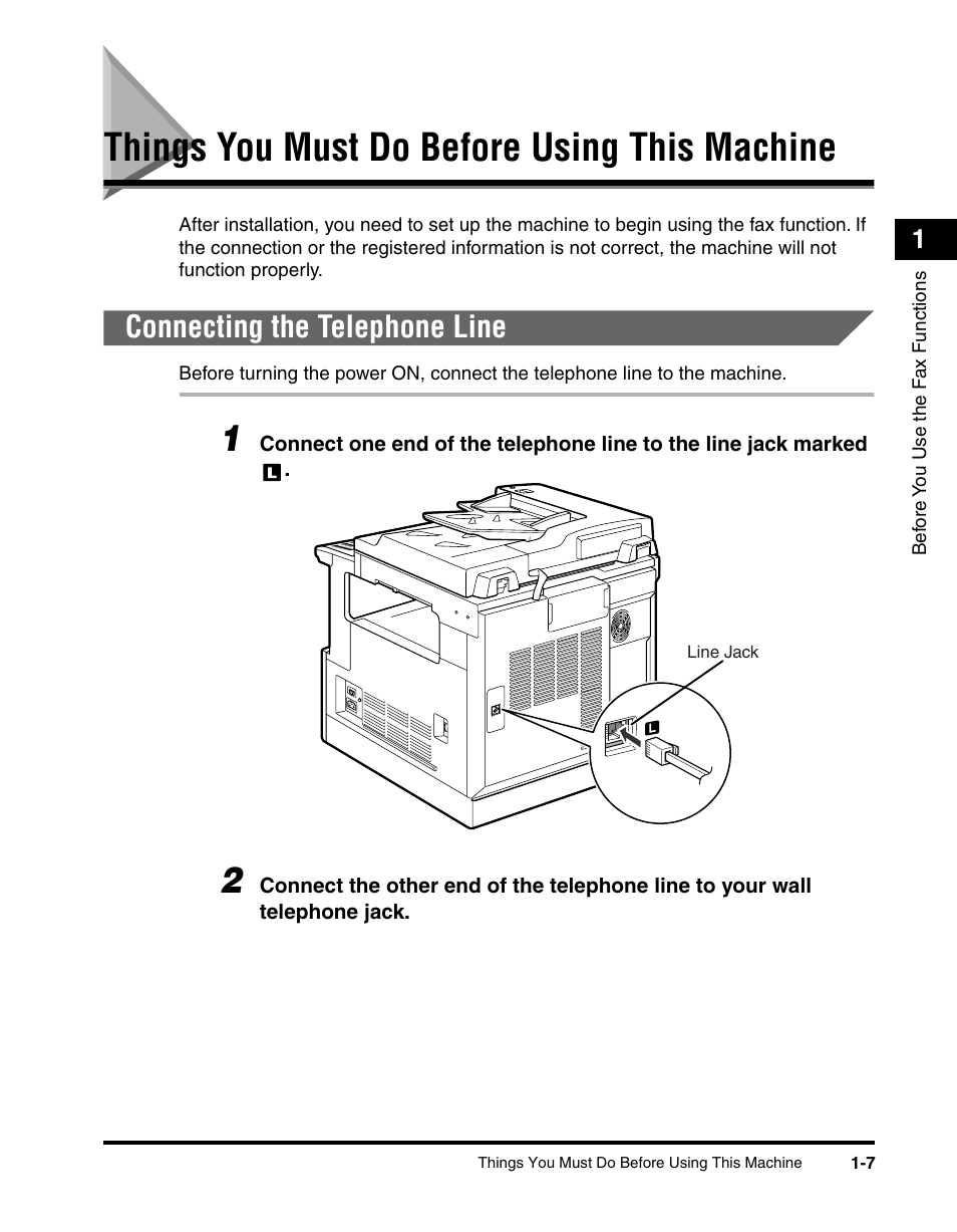 Things you must do before using this machine, Connecting the telephone line, Things you must do before using this machine -7 | Connecting the telephone line -7 | Canon IMAGERUNNER 2010F User Manual | Page 28 / 382