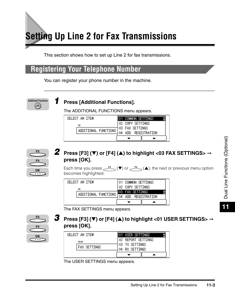 Setting up line 2 for fax transmissions, Registering your telephone number, Setting up line 2 for fax transmissions -3 | Registering your telephone number -3 | Canon IMAGERUNNER 2010F User Manual | Page 308 / 382
