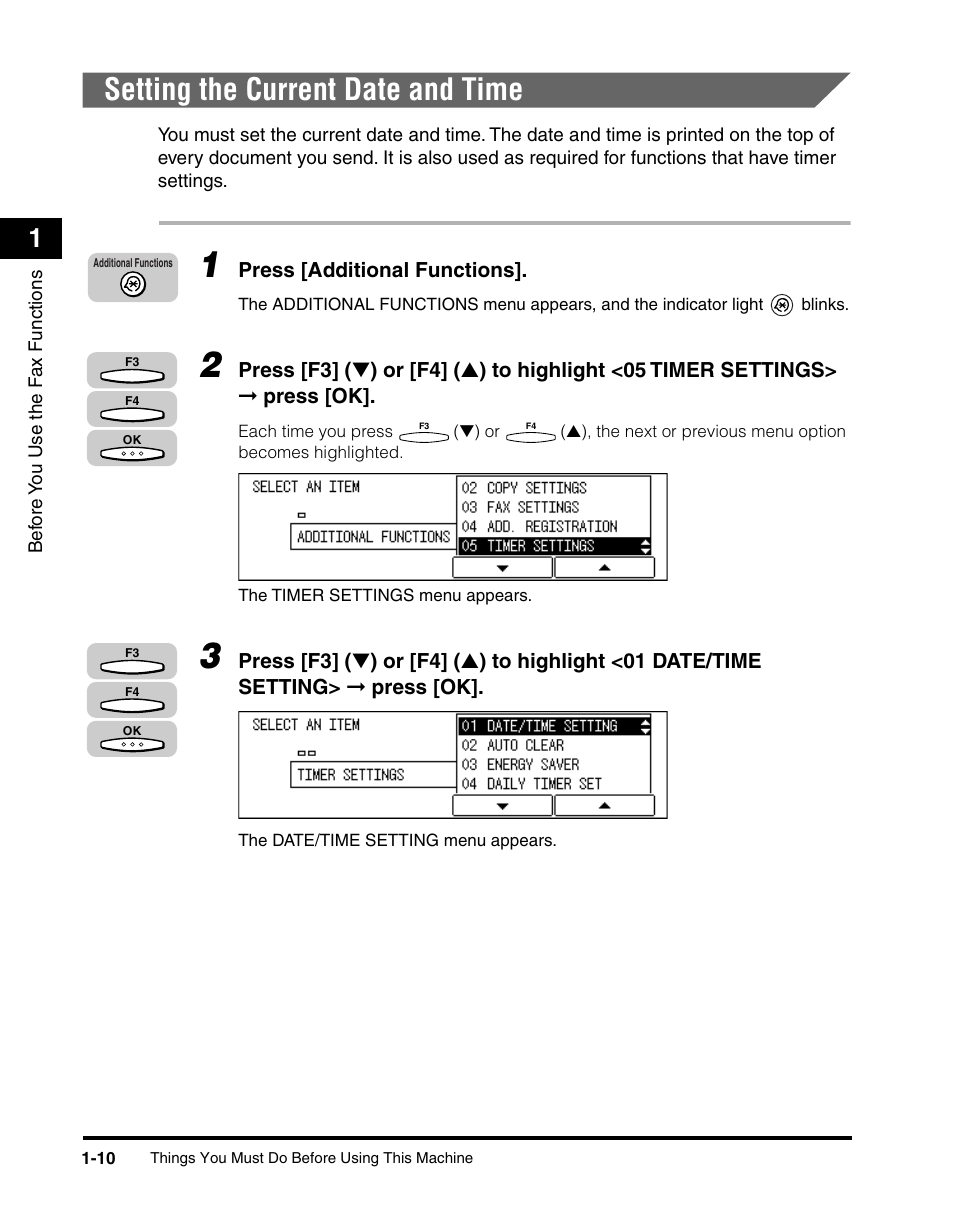 Setting the current date and time, Setting the current date and time -10 | Canon IMAGERUNNER 2010F User Manual | Page 31 / 382