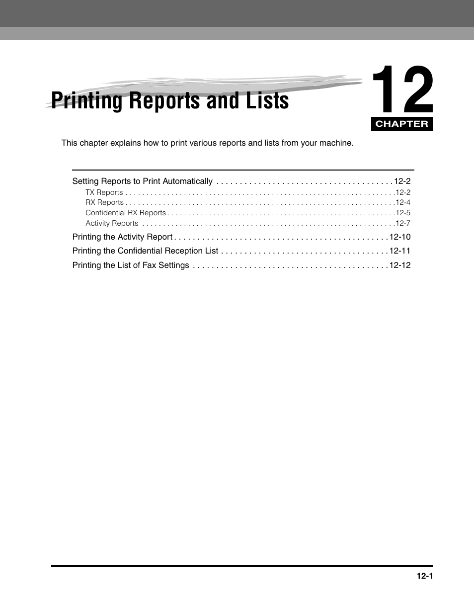 Printing reports and lists, Chapter 12 printing reports and lists | Canon IMAGERUNNER 2010F User Manual | Page 322 / 382