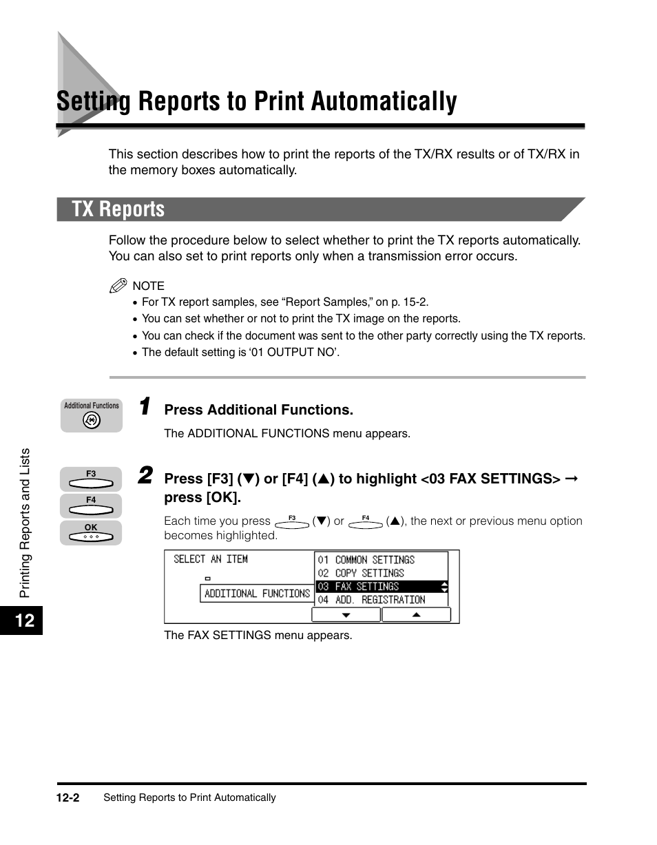 Setting reports to print automatically, Tx reports, Setting reports to print automatically -2 | Tx reports -2, See “tx reports,” on p. 12-2.) | Canon IMAGERUNNER 2010F User Manual | Page 323 / 382