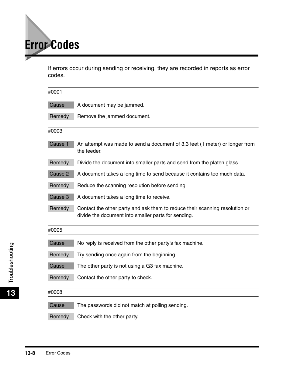 Error codes, Error codes -8 | Canon IMAGERUNNER 2010F User Manual | Page 345 / 382