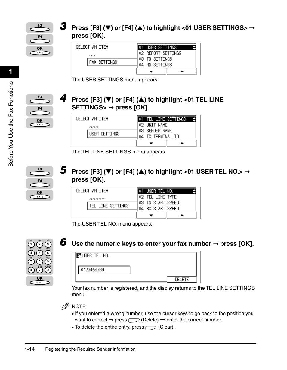 Press [ok, Use the numeric keys to enter your fax number | Canon IMAGERUNNER 2010F User Manual | Page 35 / 382