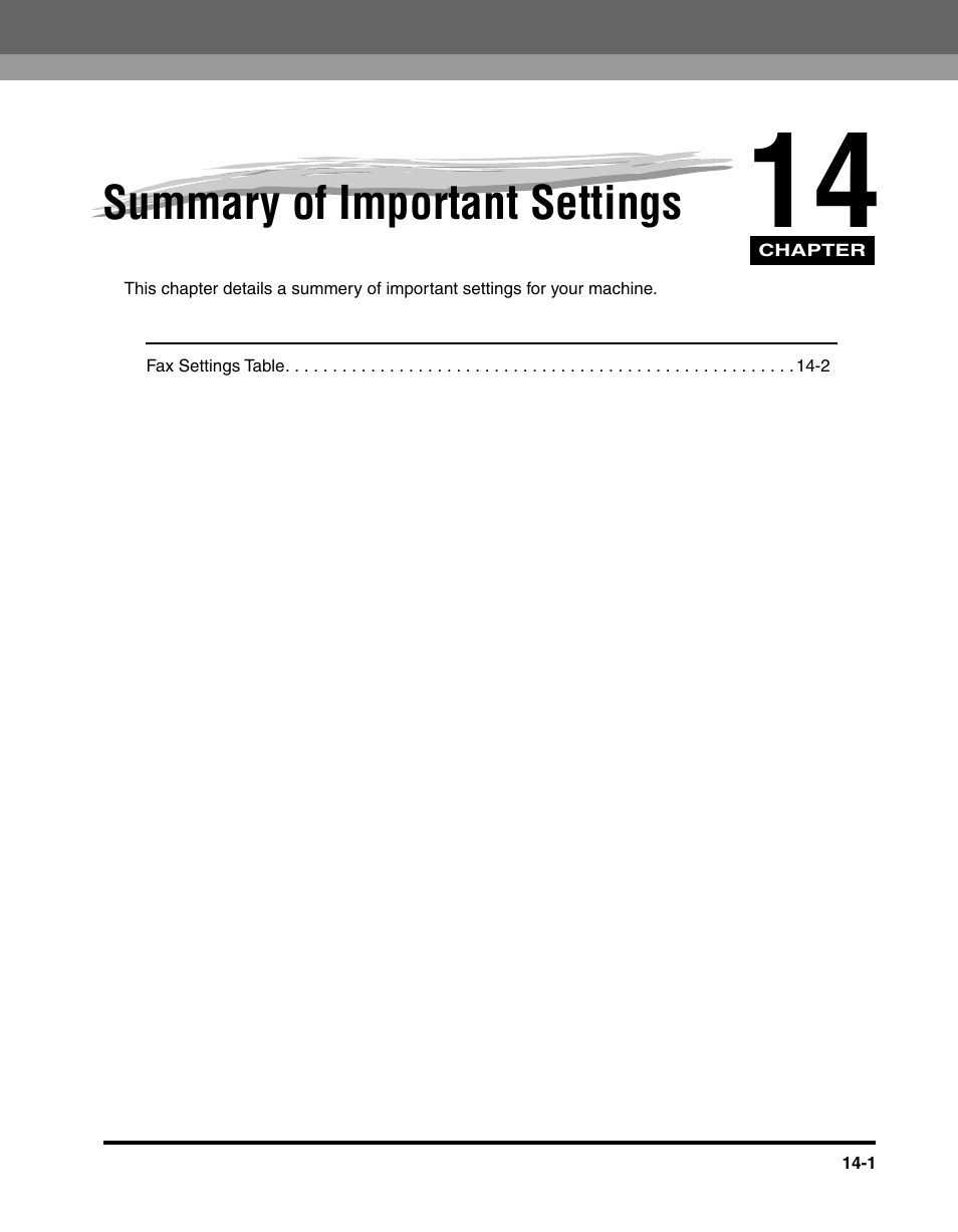 Summary of important settings, Chapter 14 summary of important settings | Canon IMAGERUNNER 2010F User Manual | Page 352 / 382