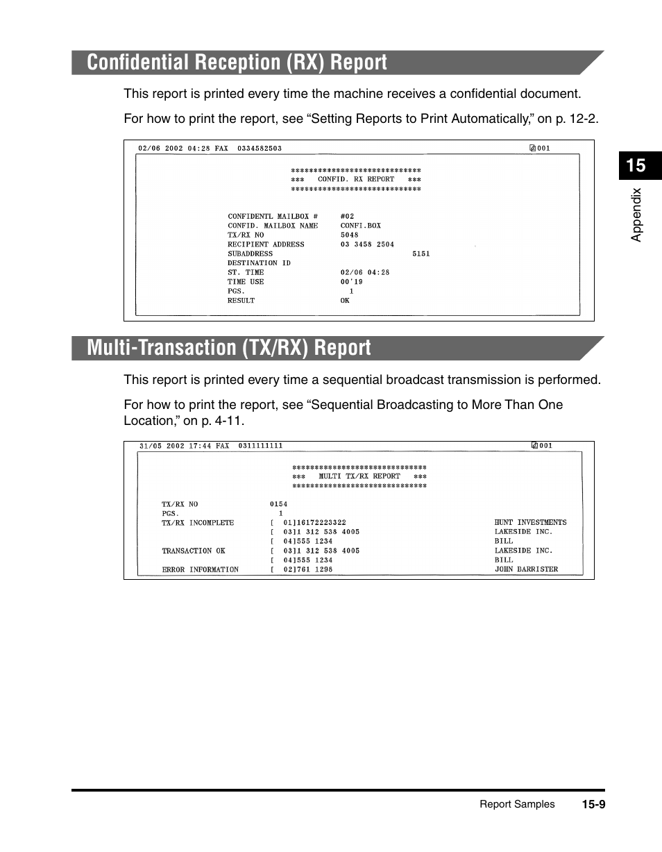 Confidential reception (rx) report, Multi-transaction (tx/rx) report | Canon IMAGERUNNER 2010F User Manual | Page 364 / 382