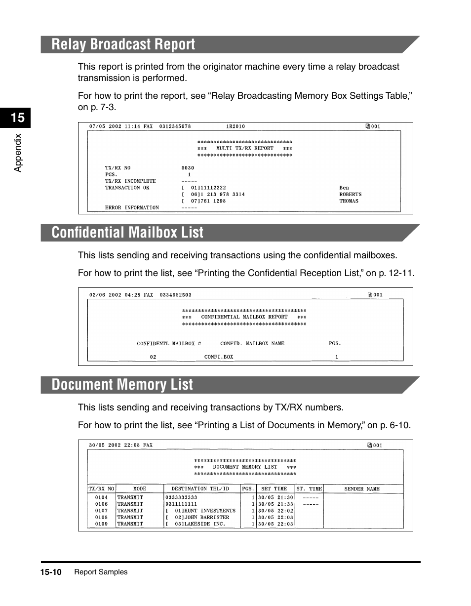 Relay broadcast report, Confidential mailbox list, Document memory list | Canon IMAGERUNNER 2010F User Manual | Page 365 / 382