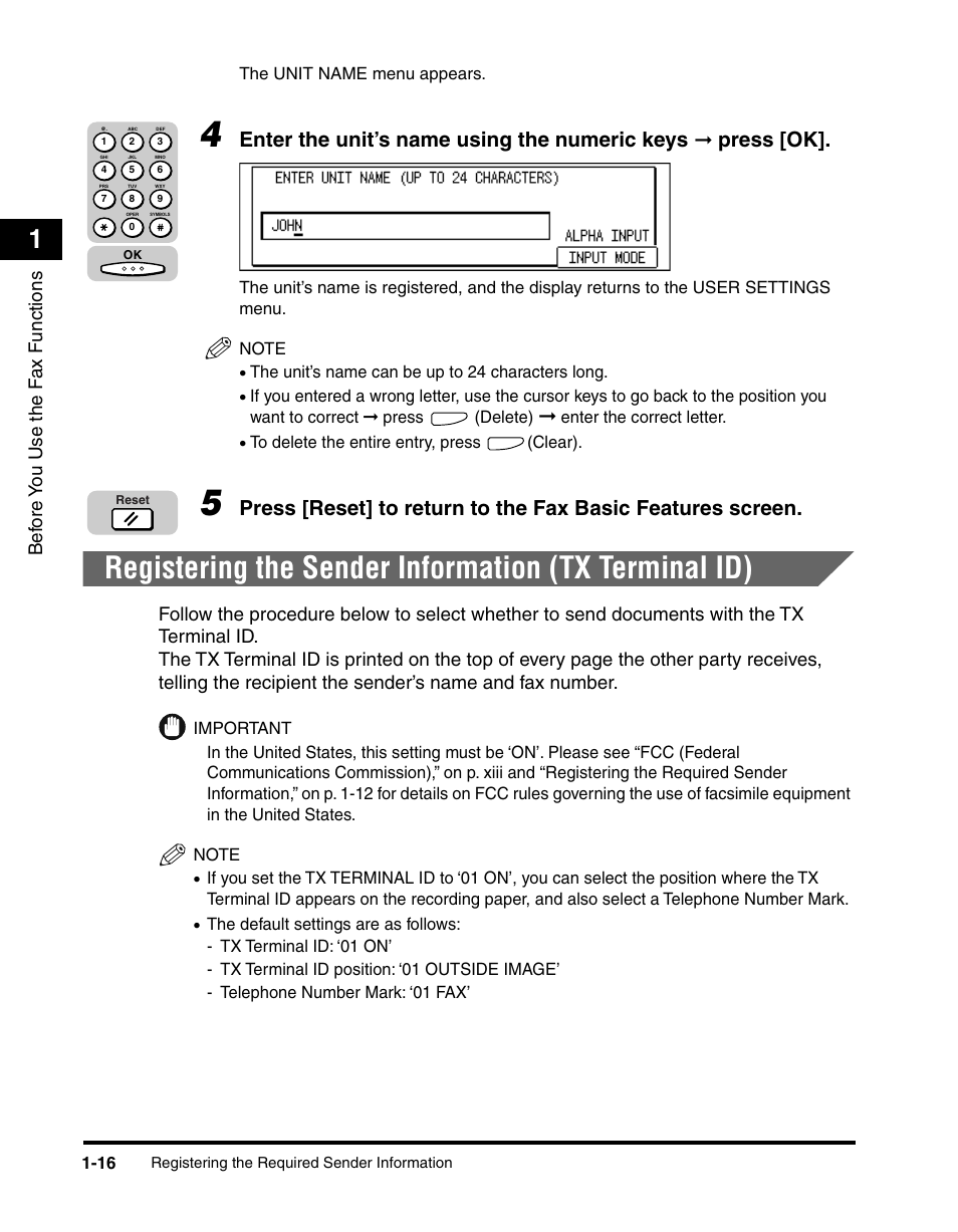 Enter the unit’s name using the numeric keys, Press [ok, Bef ore y ou use the f ax functions | Canon IMAGERUNNER 2010F User Manual | Page 37 / 382