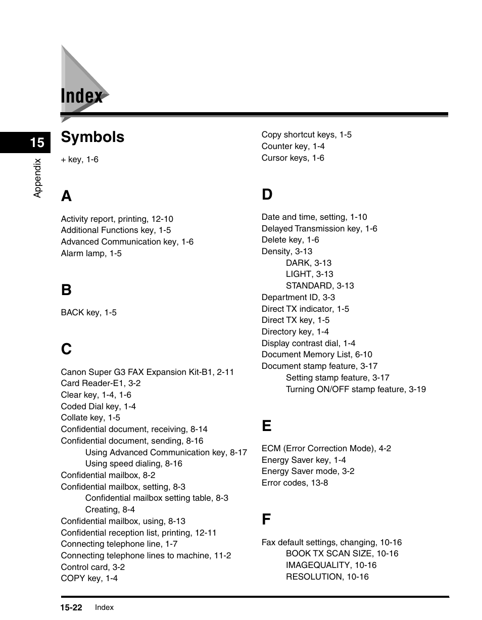 Index, Index -22, Symbols | Canon IMAGERUNNER 2010F User Manual | Page 377 / 382