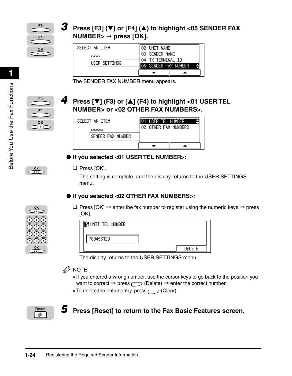 Press [ok, Bef ore y ou use the f ax functions, If you selected <01 user tel number | If you selected <02 other fax numbers | Canon IMAGERUNNER 2010F User Manual | Page 45 / 382