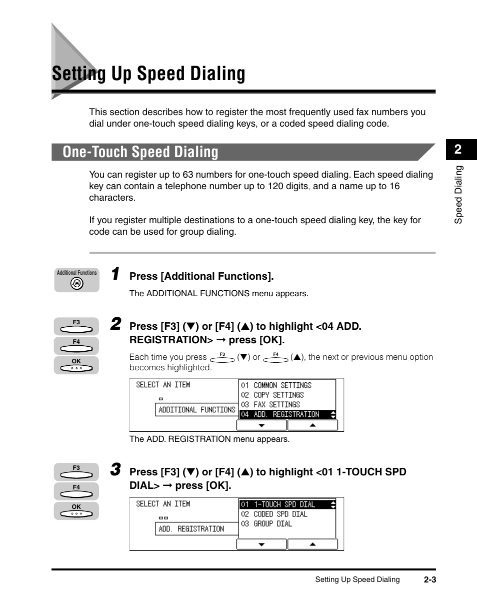 Setting up speed dialing, One-touch speed dialing, Setting up speed dialing -3 | One-touch speed dialing -3 | Canon IMAGERUNNER 2010F User Manual | Page 48 / 382