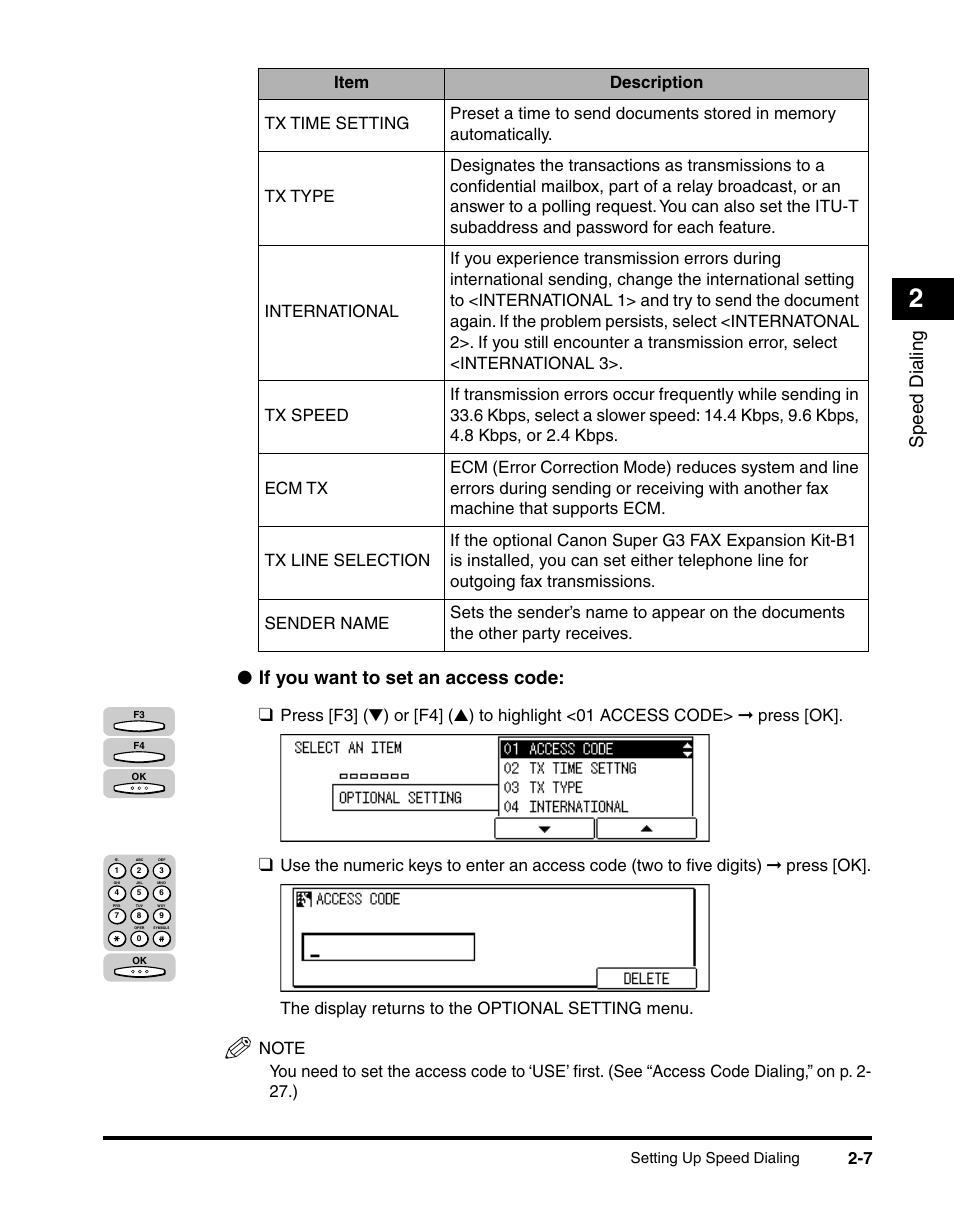 Speed dialing, If you want to set an access code | Canon IMAGERUNNER 2010F User Manual | Page 52 / 382