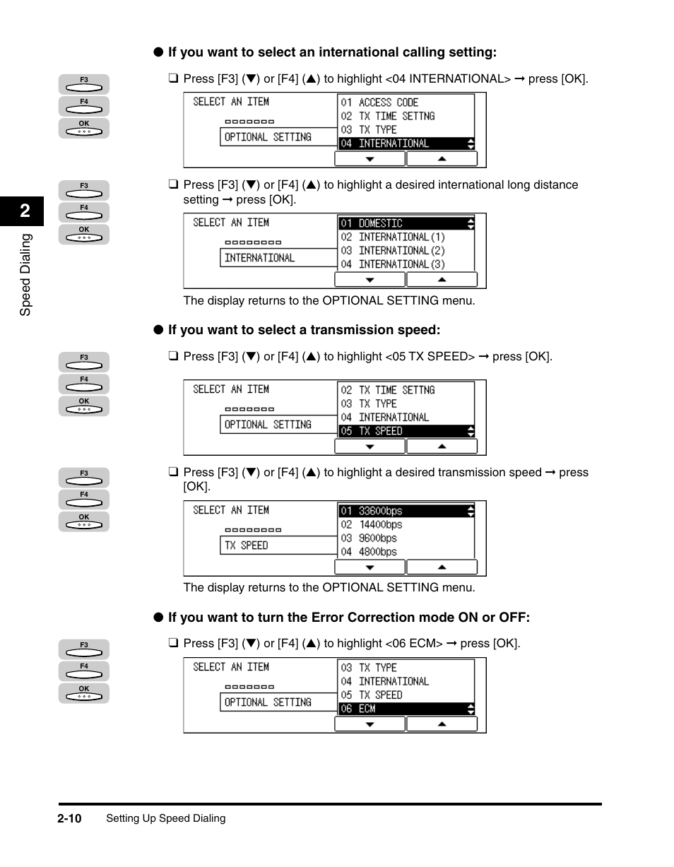 Speed dialing, If you want to select a transmission speed | Canon IMAGERUNNER 2010F User Manual | Page 55 / 382