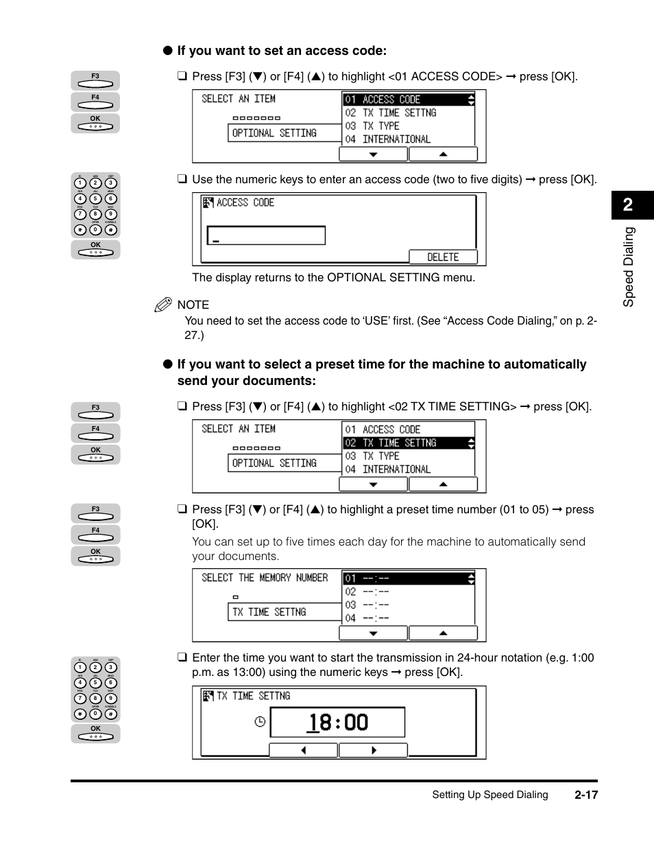 Speed dialing, If you want to set an access code, Setting up speed dialing | Canon IMAGERUNNER 2010F User Manual | Page 62 / 382