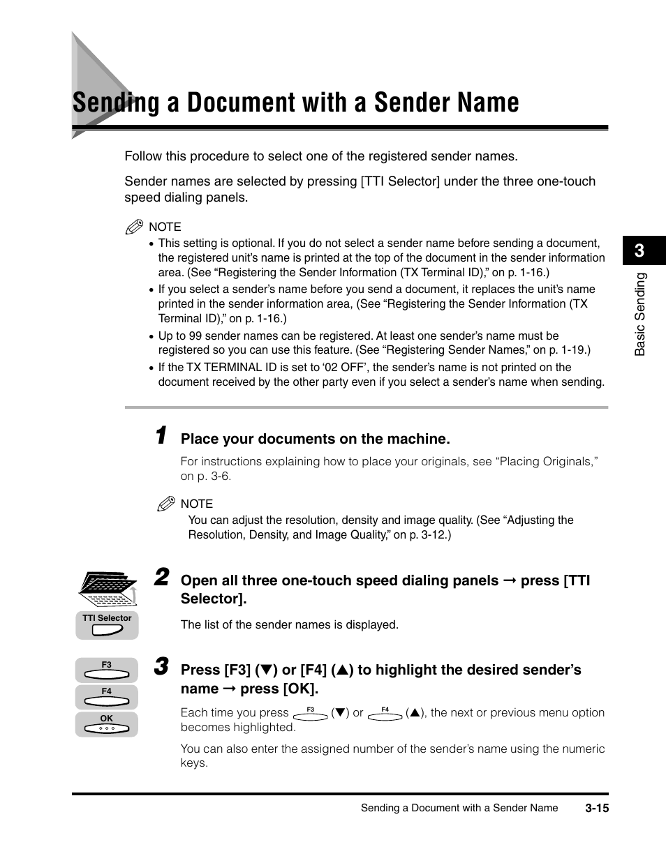 Sending a document with a sender name, Sending a document with a sender name -15, See “sending a | Document with a sender name,” on p. 3-15.) | Canon IMAGERUNNER 2010F User Manual | Page 98 / 382