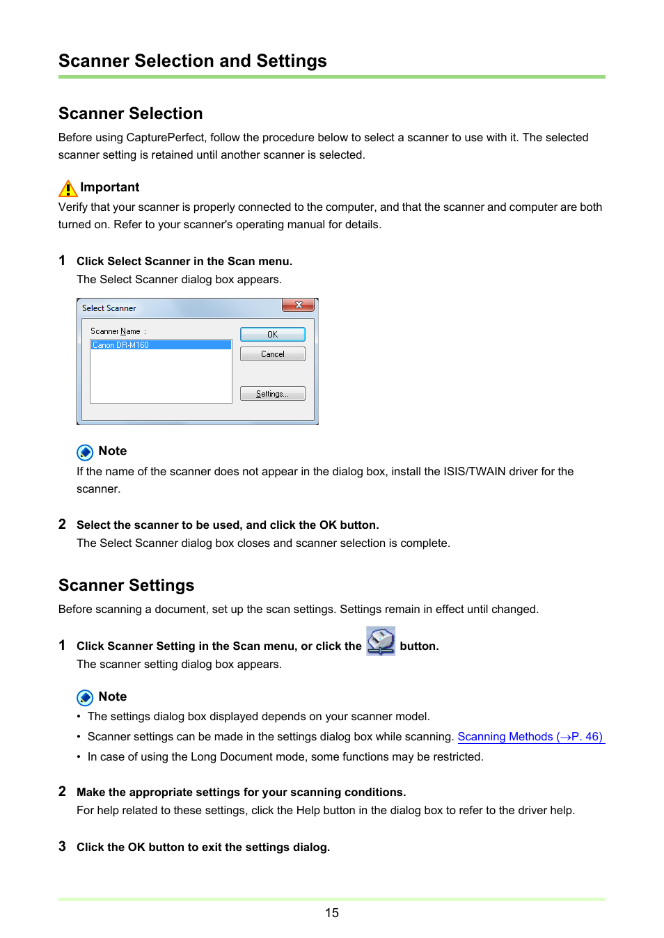 Scanner selection and settings, P. 15), Scanner selection | Scanner settings | Canon CAPTUREPERFECT 3.1 User Manual | Page 15 / 85