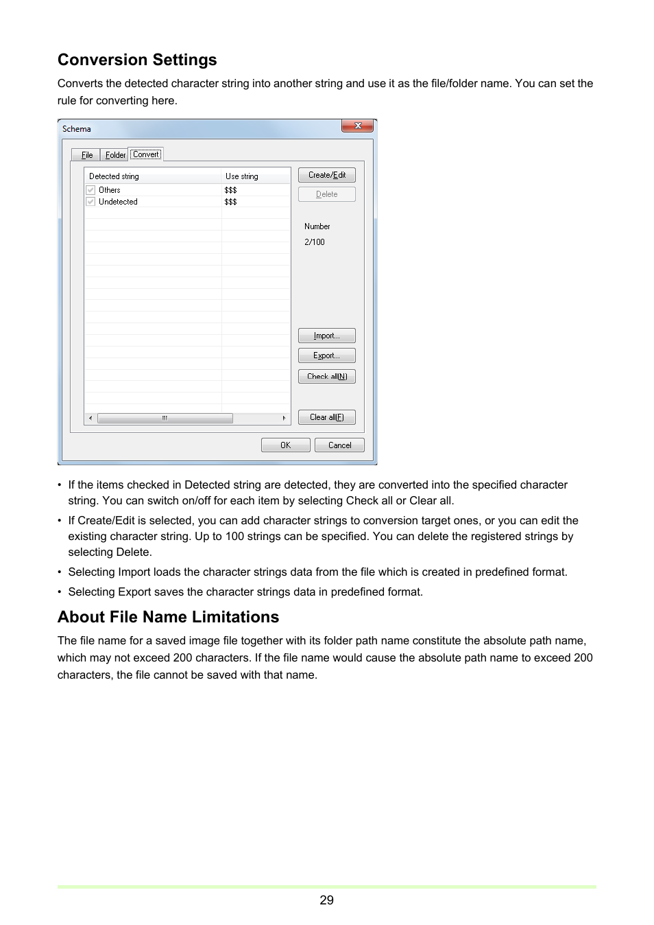 Conversion settings, About file name limitations | Canon CAPTUREPERFECT 3.1 User Manual | Page 29 / 85