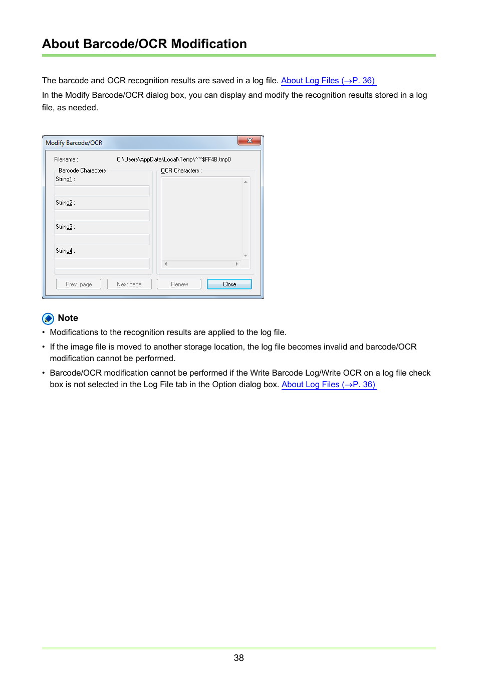 About barcode/ocr modification, P. 38), Describe | On results | Canon CAPTUREPERFECT 3.1 User Manual | Page 38 / 85