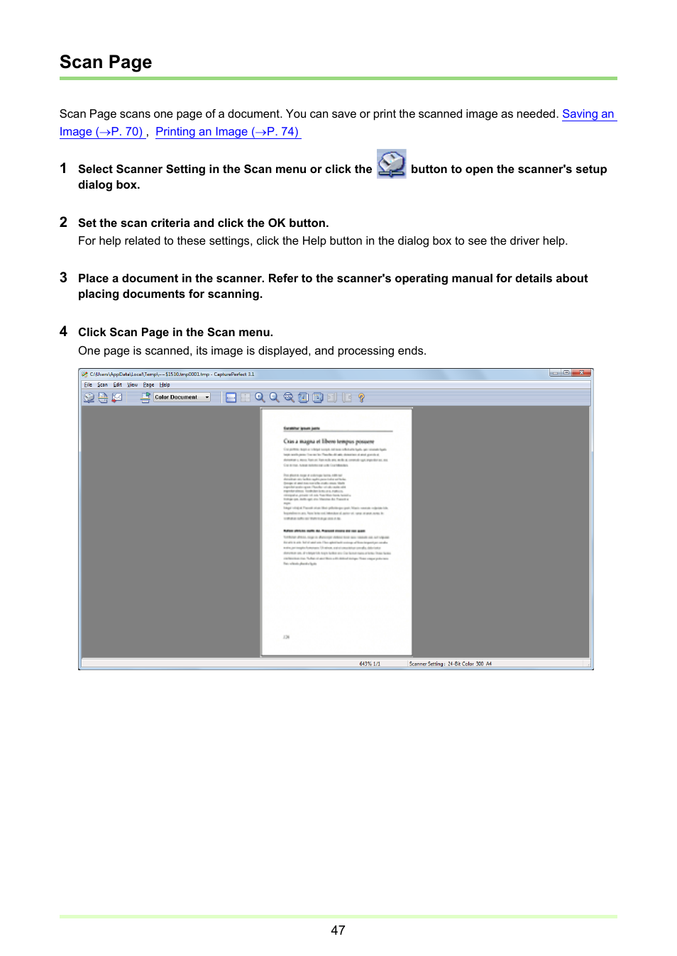 P. 47), Scan page | Canon CAPTUREPERFECT 3.1 User Manual | Page 47 / 85