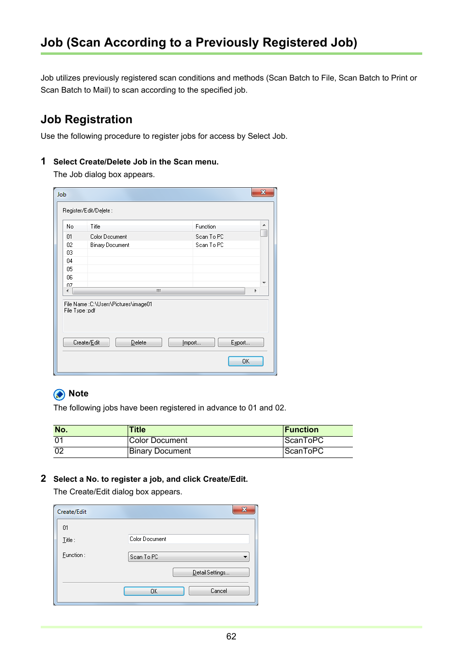 Job (scan, According to a previously registered job), P. 62) | Job registration | Canon CAPTUREPERFECT 3.1 User Manual | Page 62 / 85