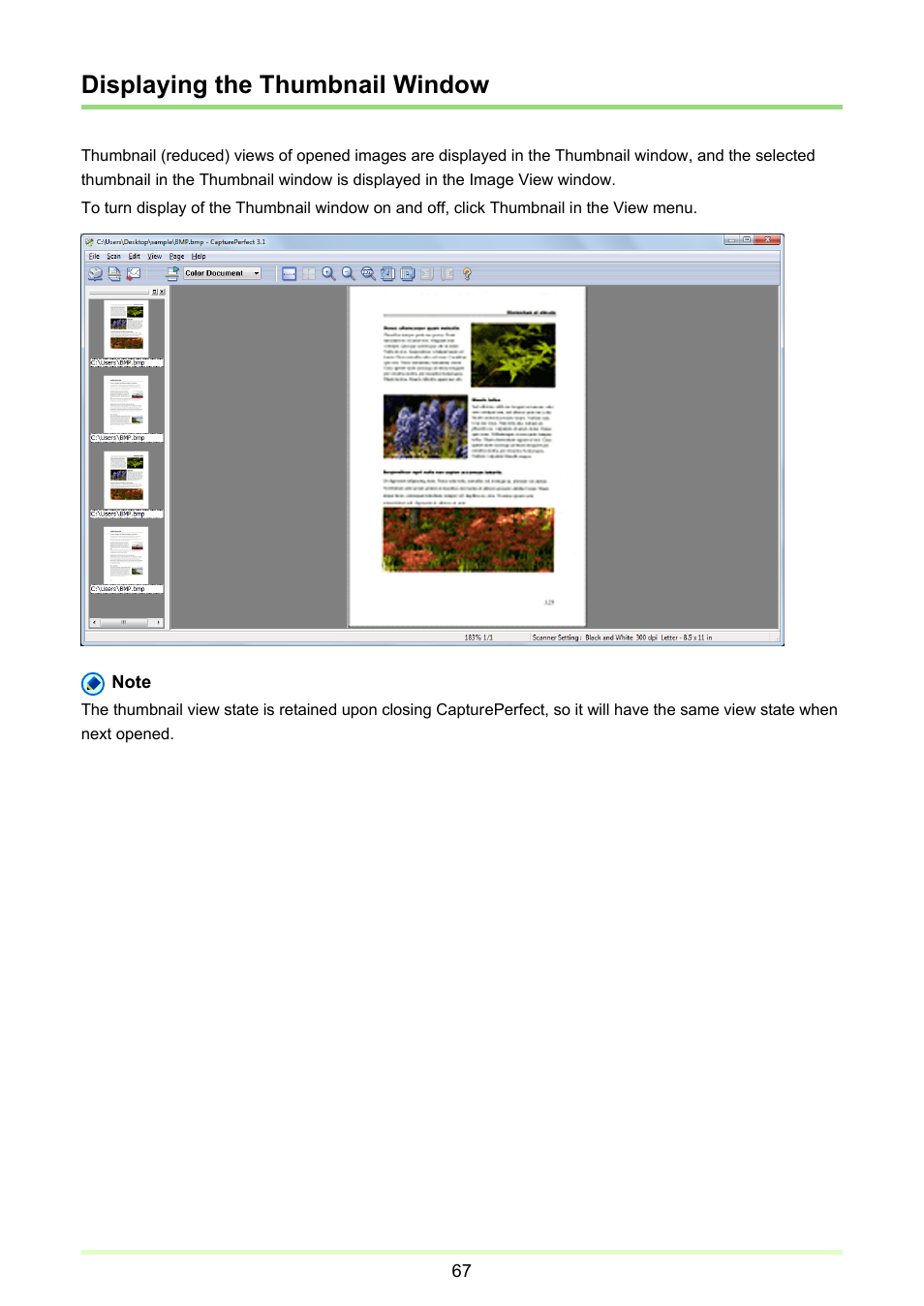 Displaying the thumbnail window, Displaying, The thumbnail window | P. 67) | Canon CAPTUREPERFECT 3.1 User Manual | Page 67 / 85
