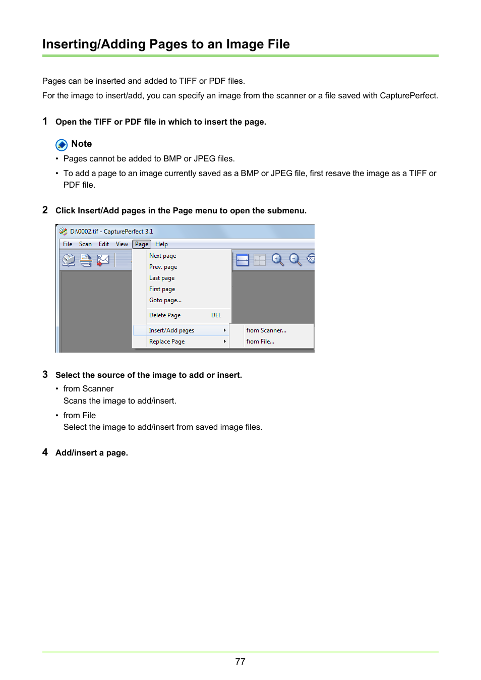 Image file, P. 77), Adds a pag | Inserting/adding pages to an image file | Canon CAPTUREPERFECT 3.1 User Manual | Page 77 / 85