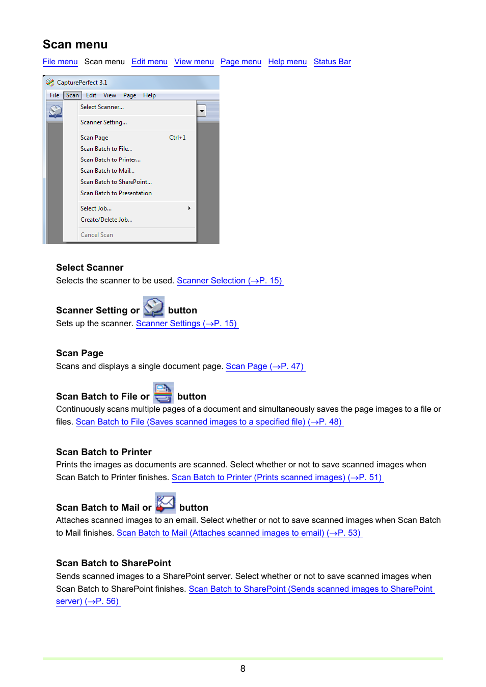 Scan menu | Canon CAPTUREPERFECT 3.1 User Manual | Page 8 / 85