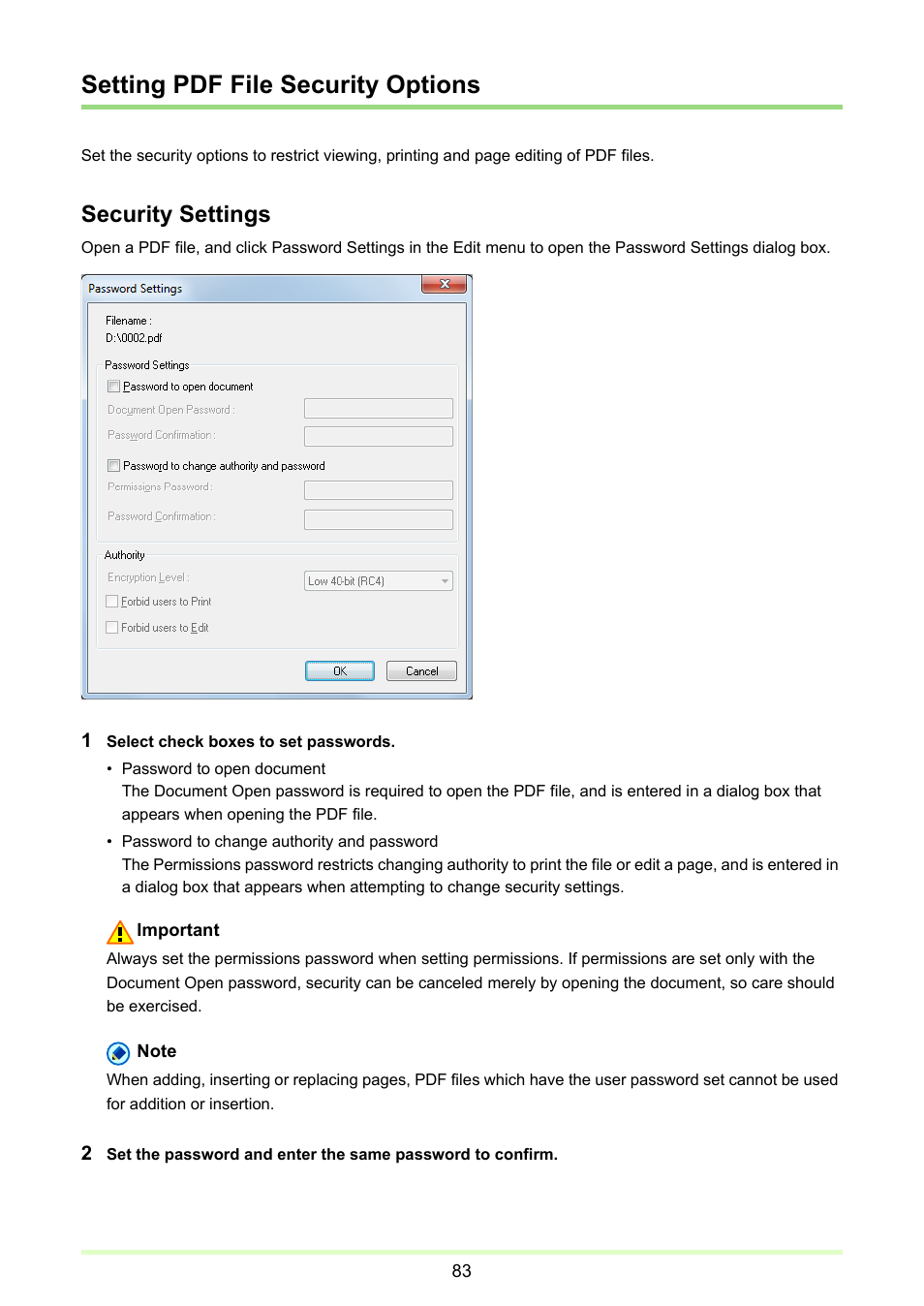 Setting pdf file security options, Setting pdf, File security options | P. 83), Security settings | Canon CAPTUREPERFECT 3.1 User Manual | Page 83 / 85
