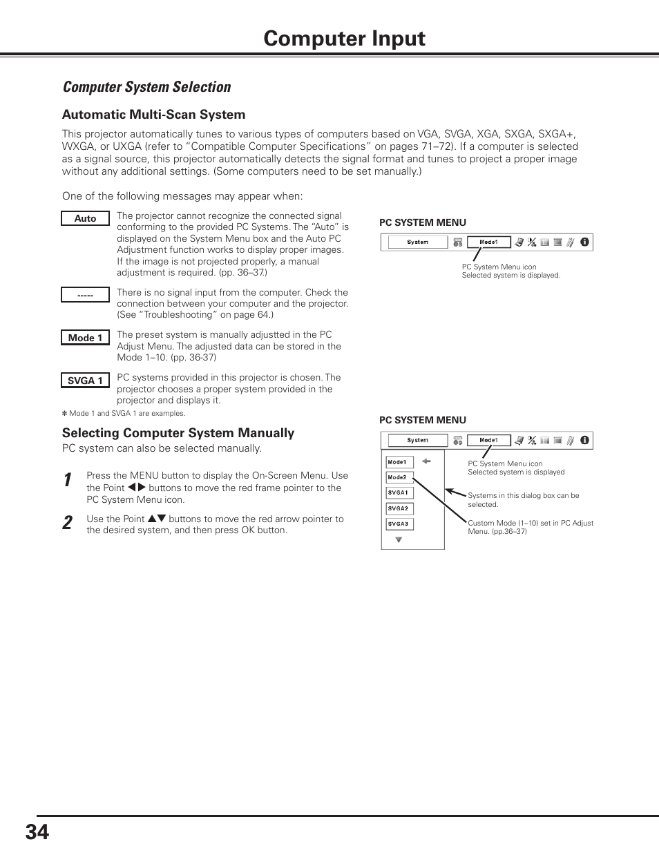 Computer input, Computer system selection | Canon LV-7585 User Manual | Page 34 / 81