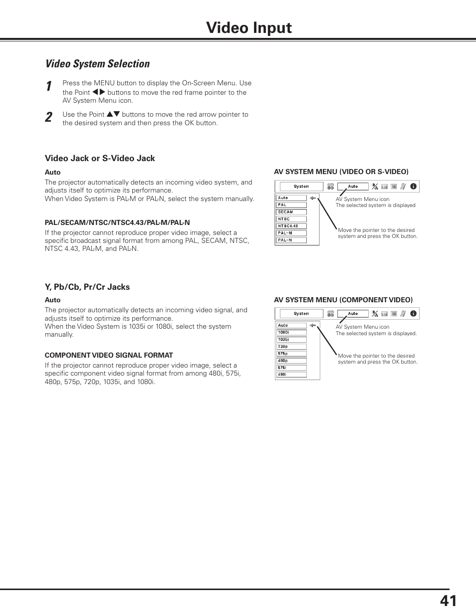Video input, Video system selection | Canon LV-7585 User Manual | Page 41 / 81