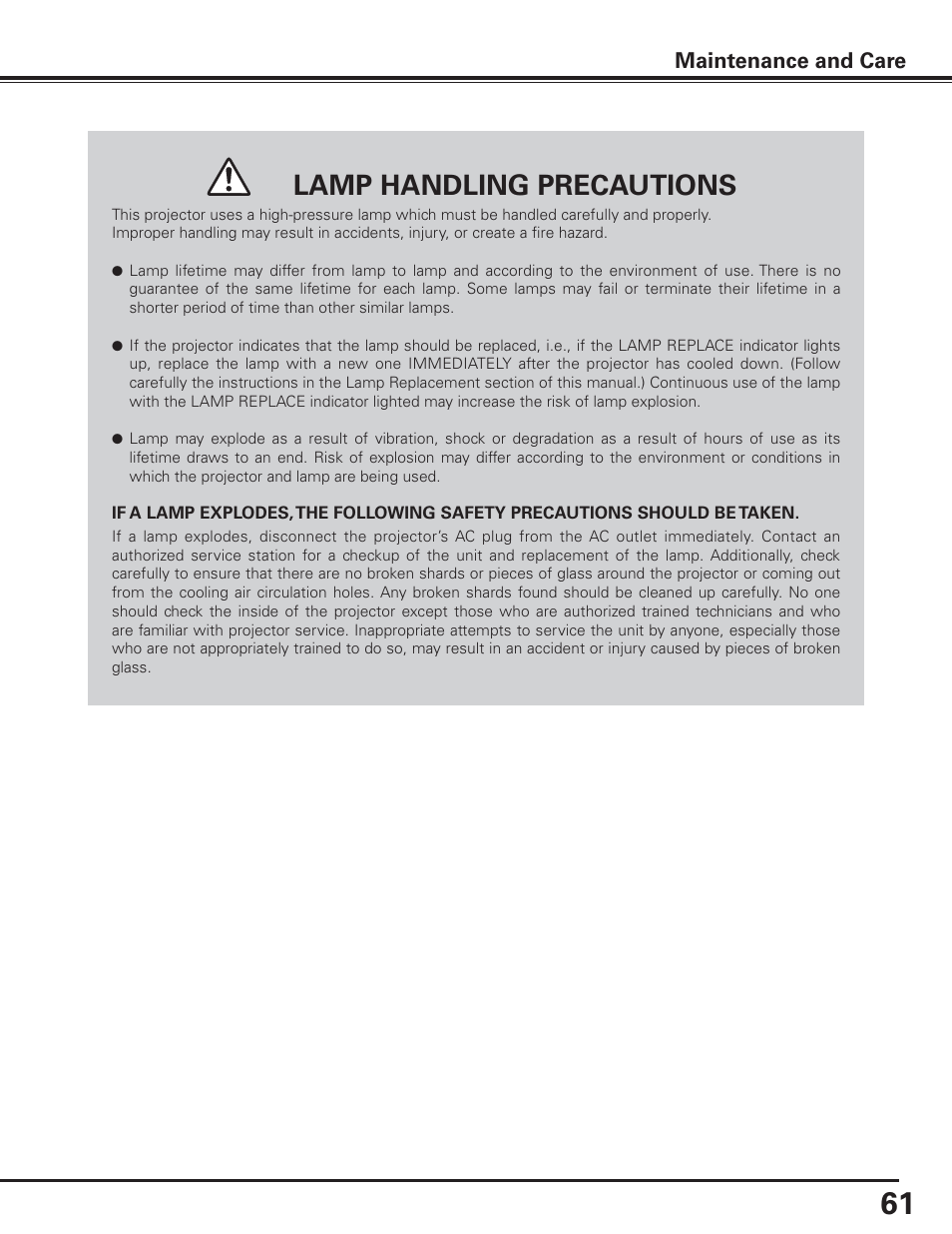 Lamp handling precautions | Canon LV-7585 User Manual | Page 61 / 81