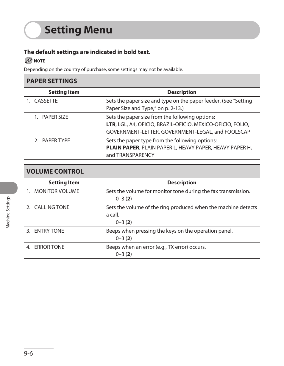 Setting menu, Paper settings, Volume control | Setting menu -6, Paper settings -6, Volume control -6 | Canon L90 User Manual | Page 193 / 214