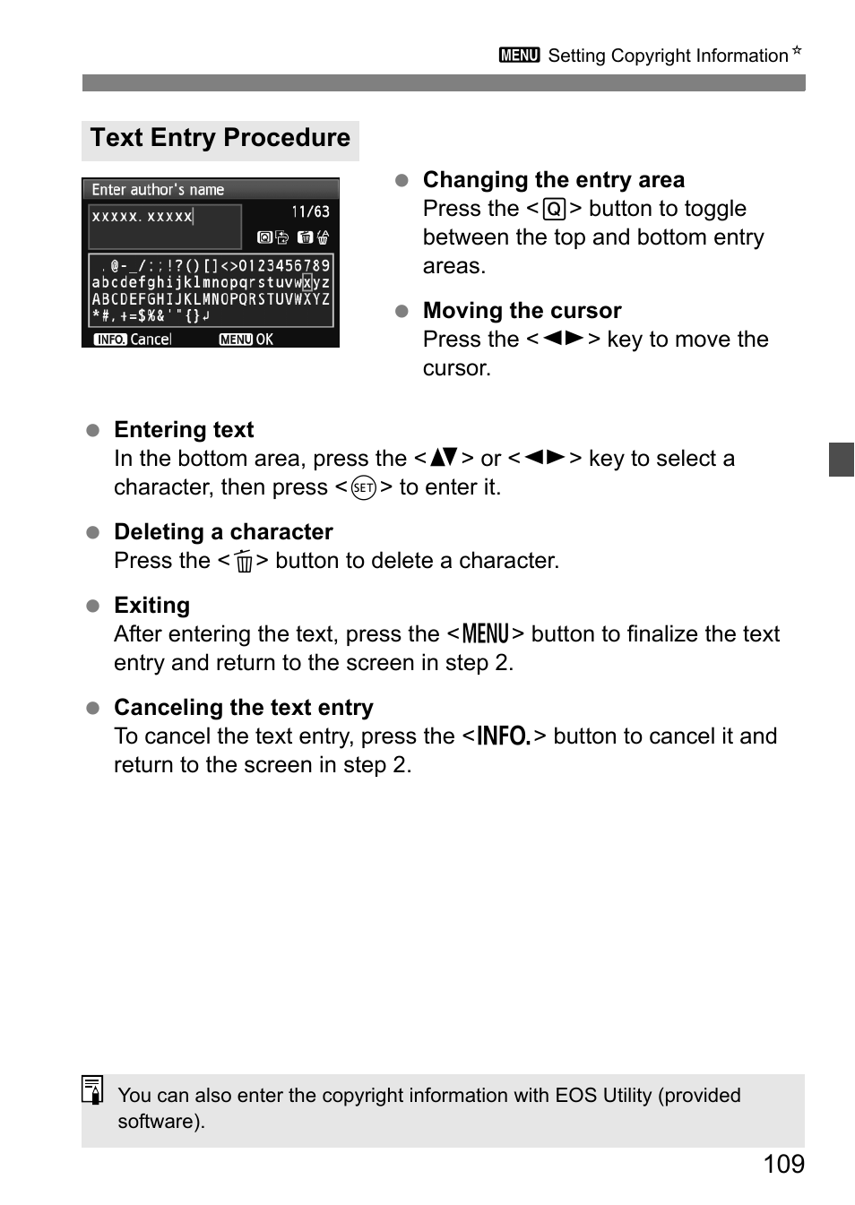 Text entry procedure | Canon EOS 60D User Manual | Page 109 / 320