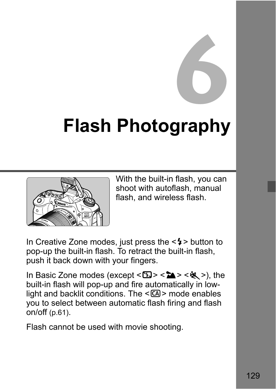 6 flash photography, Flash photography | Canon EOS 60D User Manual | Page 129 / 320