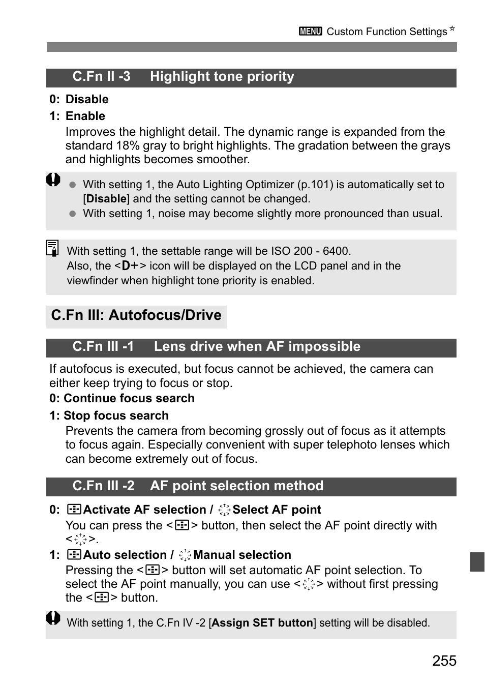 C.fn iii: autofocus/drive | Canon EOS 60D User Manual | Page 255 / 320