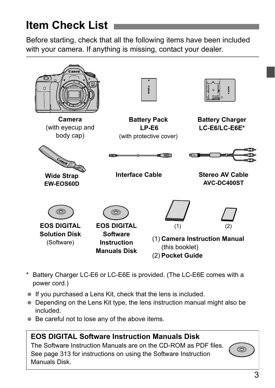 Item check list | Canon EOS 60D User Manual | Page 3 / 320
