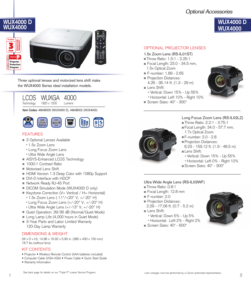 Wuxga, Lcos, Optional accessories | Canon LV-8225 User Manual | Page 3 / 12