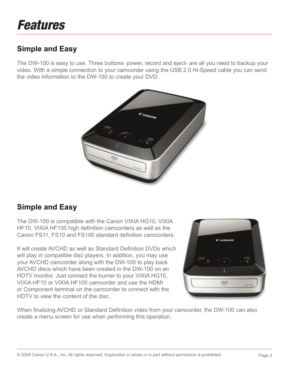Features | Canon DW-100 User Manual | Page 2 / 5