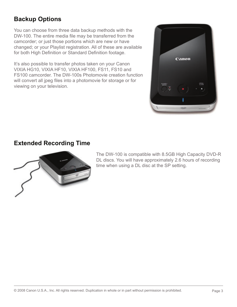Backup options, Extended recording time | Canon DW-100 User Manual | Page 3 / 5