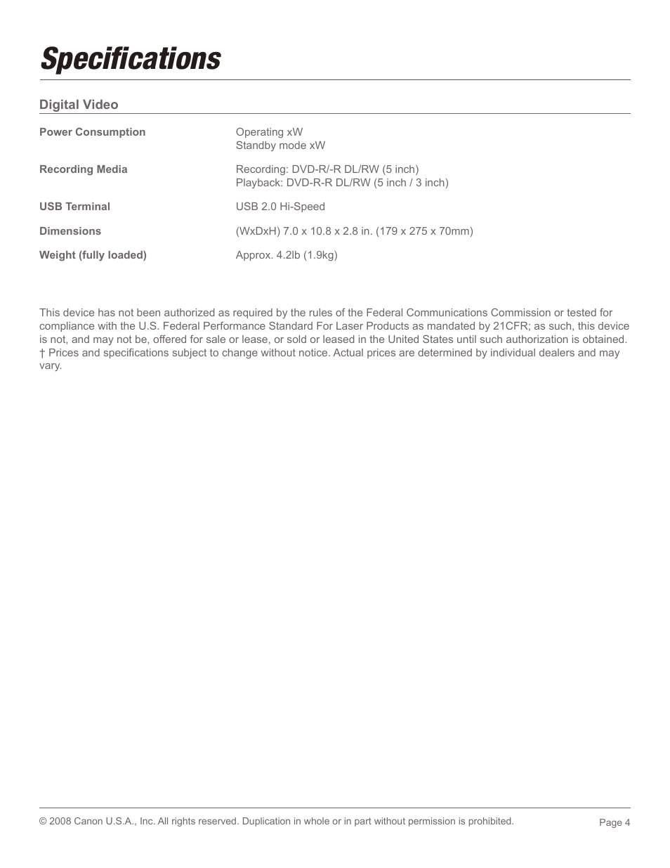 Specifi cations | Canon DW-100 User Manual | Page 4 / 5