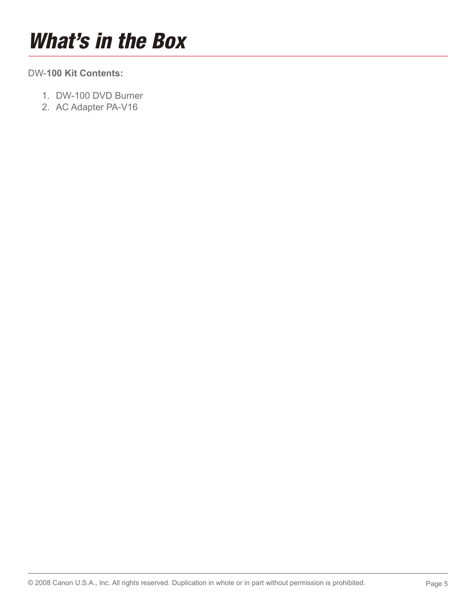 What’s in the box | Canon DW-100 User Manual | Page 5 / 5
