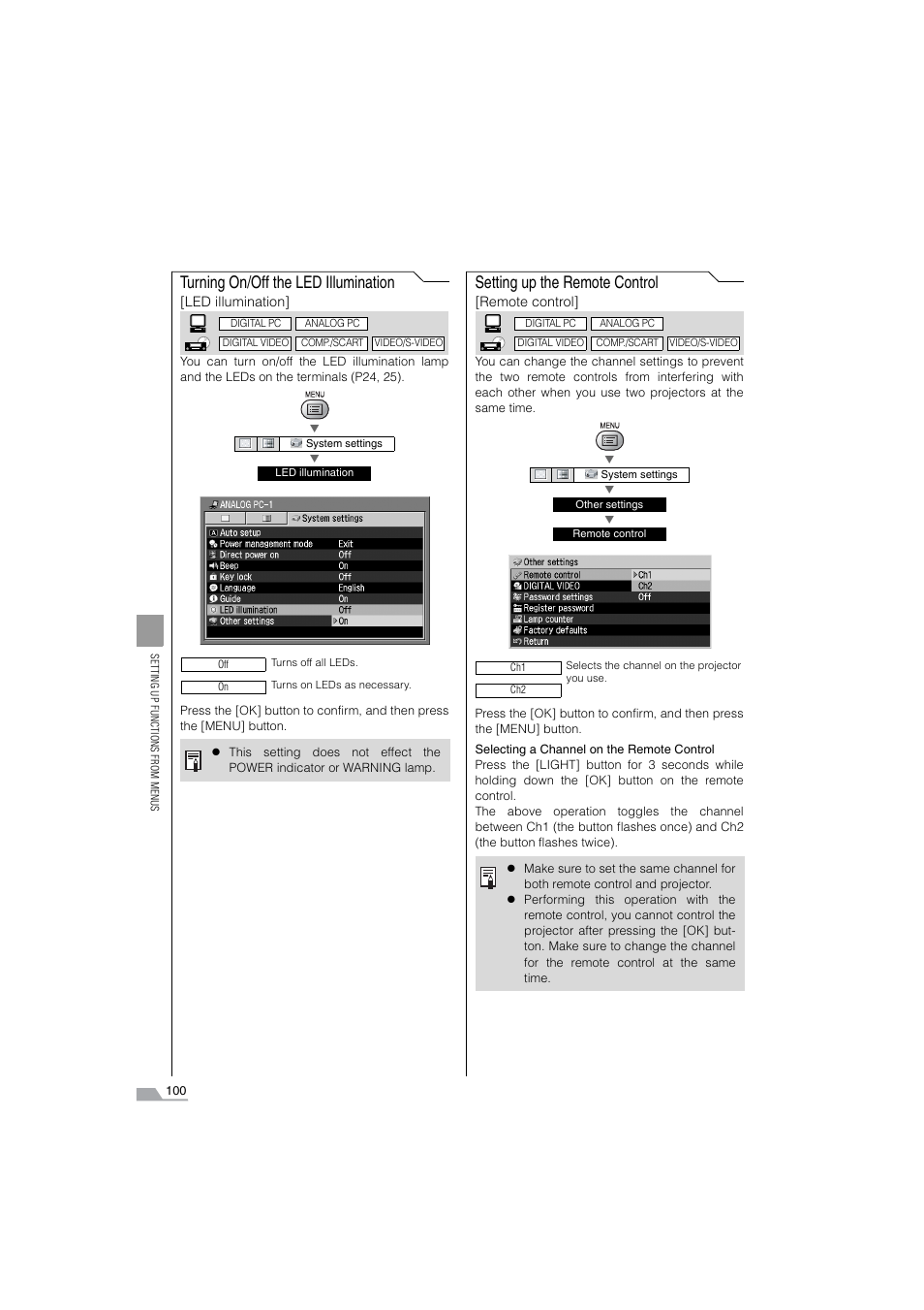 Turning on / off the led illumination, Setting up the remote control, Turning on/off the led illumination | Canon SX6 User Manual | Page 100 / 133