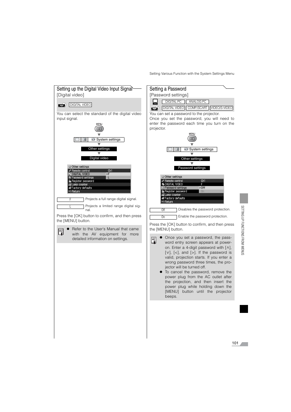 Setting up the digital video input signal, Setting a password | Canon SX6 User Manual | Page 101 / 133