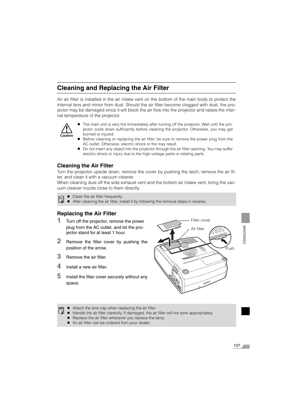 Cleaning and replacing the air filter | Canon SX6 User Manual | Page 107 / 133